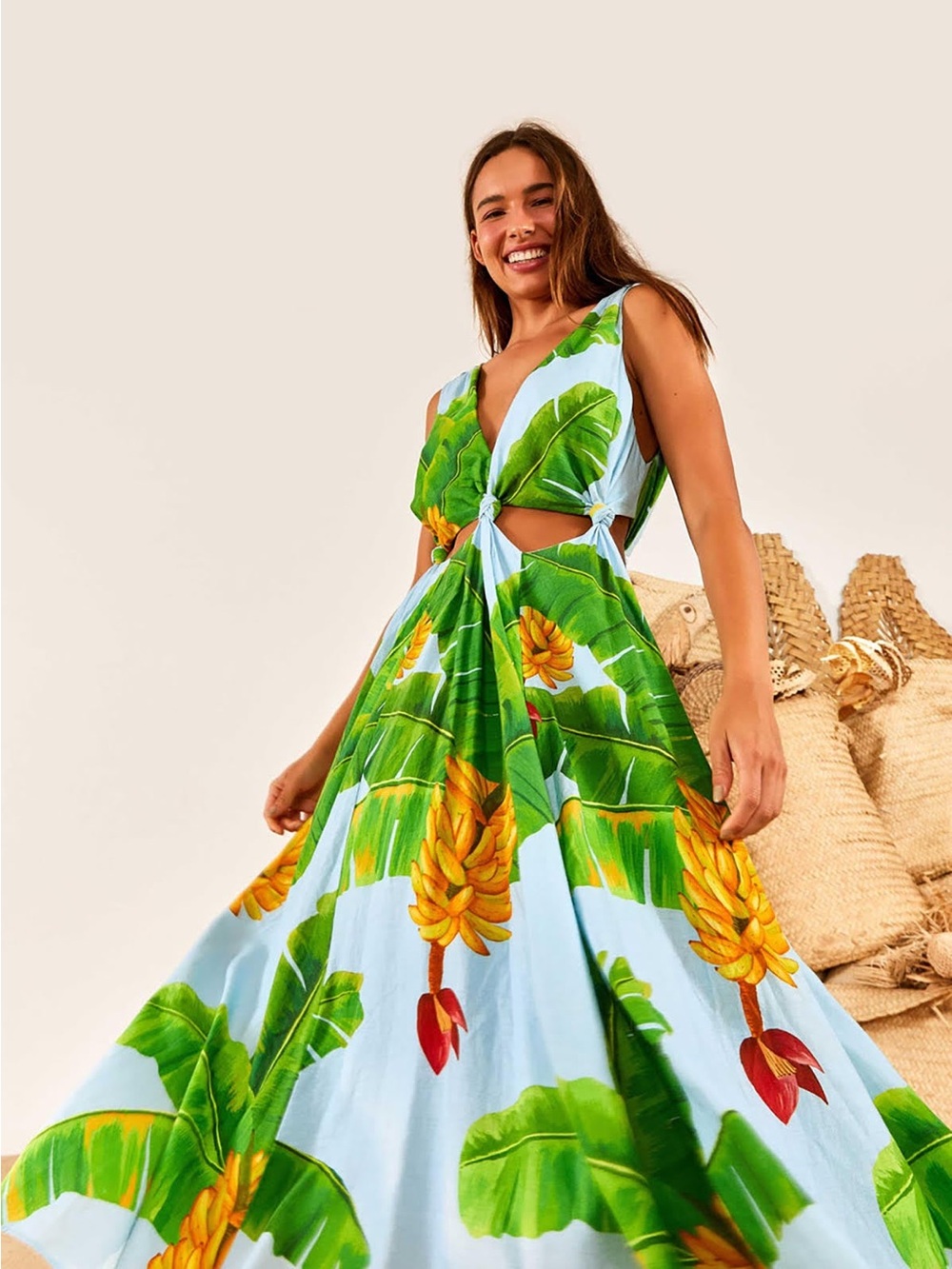 FARM Rio Banana Palm Cutout Maxi Dress - Green, Yellow & Sky Blue